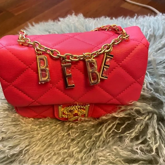 Bebe Hot Pink Quilted Shoulder Bag with Gold Chain - Picture 1 of 4
